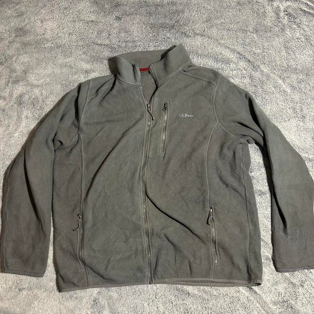 L.Bean Men's XXL Gray Fleece Jacket Full Zip Polartec Chest Pocket Outdoor